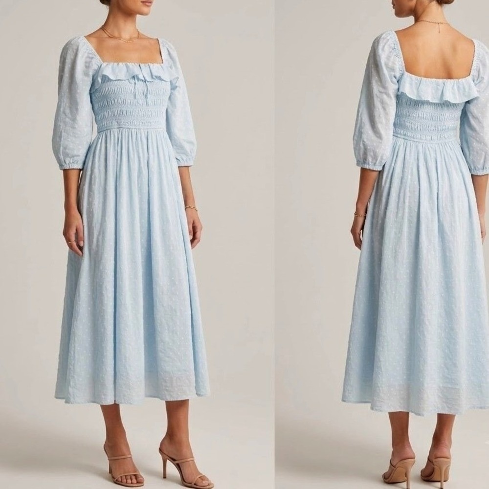 R.Vivimos Swiss Dot Smocked Maxi Dress Size Medium M‎ Light Blue Off Shoulder